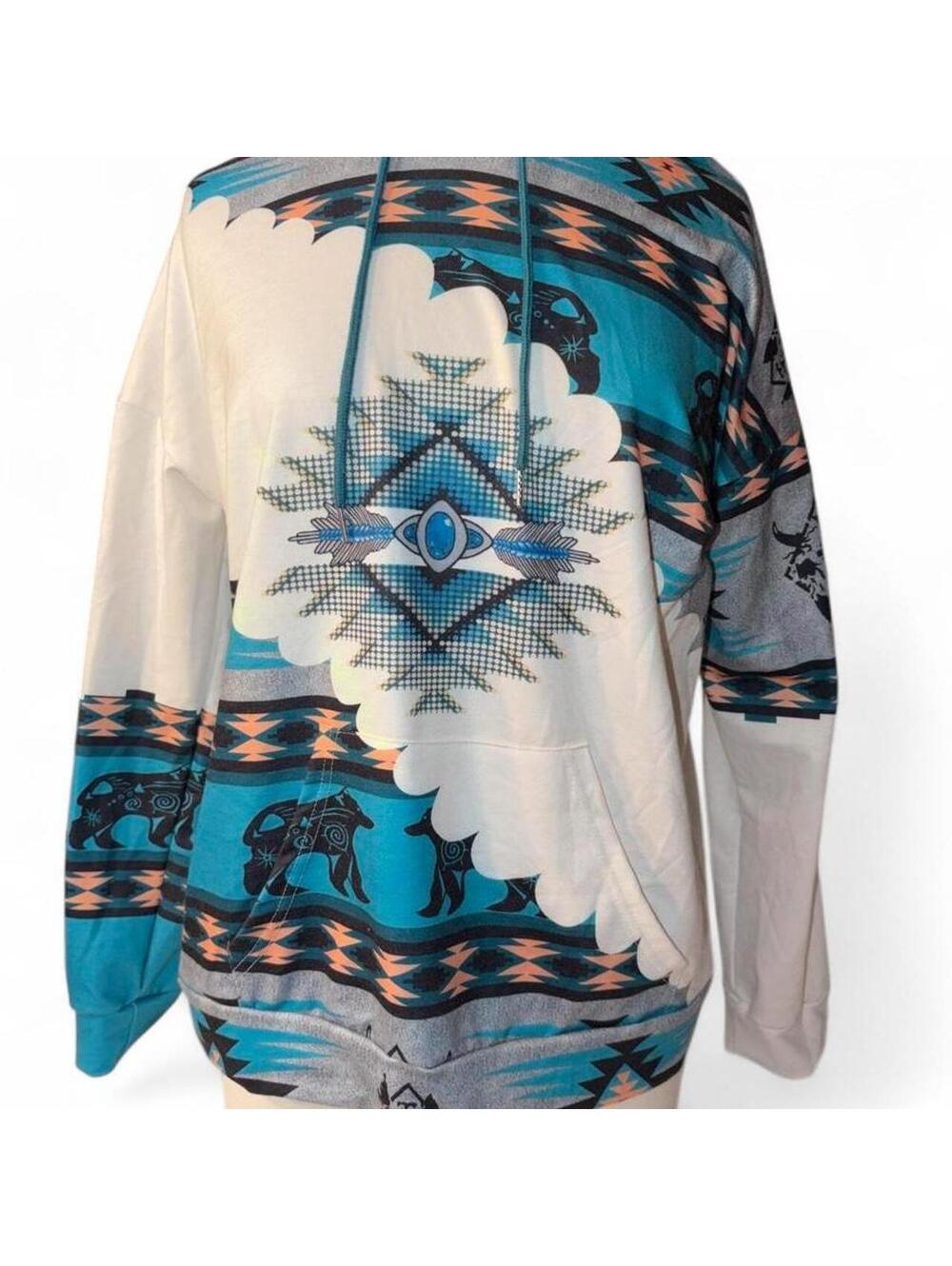 Western Aztec Geometric Hoodie Turquoise & Bear Print Graphic Pullover - Size XL